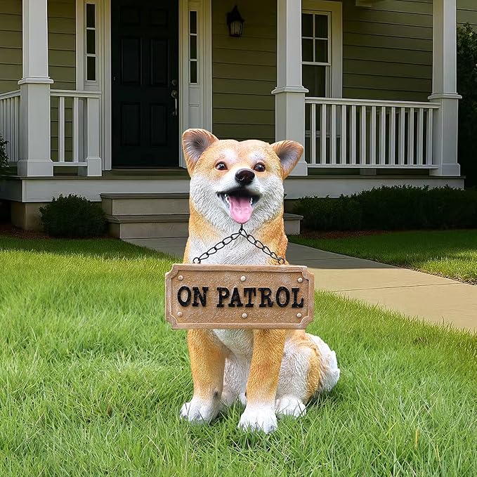 Akita Statue Outdoor Decorations – Dog Statues Outdoor Sitting Akita with Hanging Solar Light and Welcome Sign with Replaceable Solar Light & Welcome Sign for Porch Décor