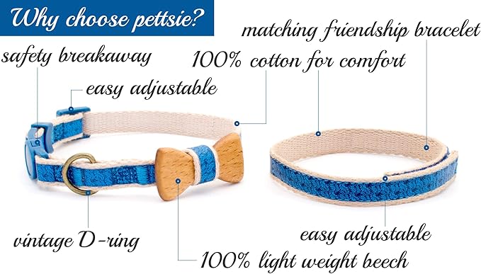 Pettsie Breakaway Cat Collar with Bow Tie and Matching Bracelet–Adjustable Cotton Kitten Collar with Safety Buckle for Cats and Small Pets–Cute Cat Gift for Owners and Cat Lovers, 8-11 Inches, Blue