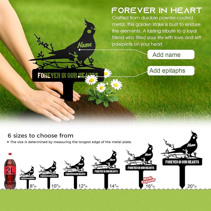 Personalized Cockatiel Memorial Stake – Custom Pet Parrot Bird Grave Marker Metal Tombstone, Outdoor Garden Sign, Cockatiel Remembrance Plaque for Graveside or Yard Sympathy Sign Decor, Pet Loss Gifts