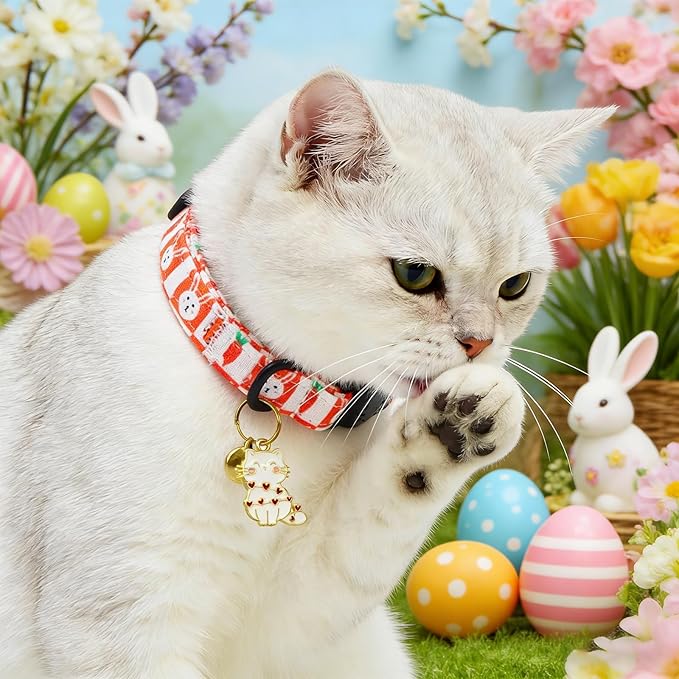 Easter Cat Collar-2 Pack Collars White and Orange Rabbit Print Breakaway with Kitten and Bell Pendant Safety Buckle Adjustable Pet Collar Gift for Cats and Small Pets