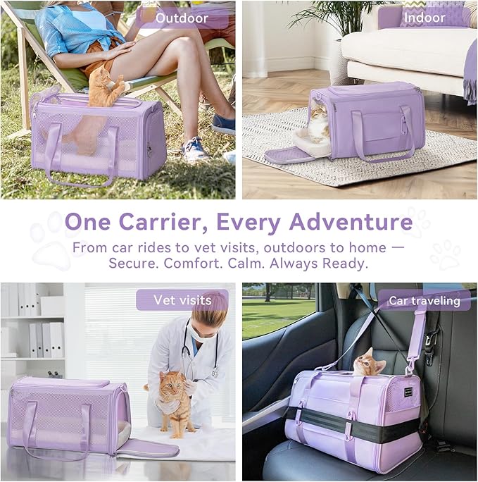 PETSFIT Soft-Sided Cat Carrier with Patented Safety Buckles, Lockable Zippers & Safety Tether,Escape-Resistant Travel Pet Carrier for Car Rides & Vet Visits, Airline Approved Under-Seat, Up to 12 lbs