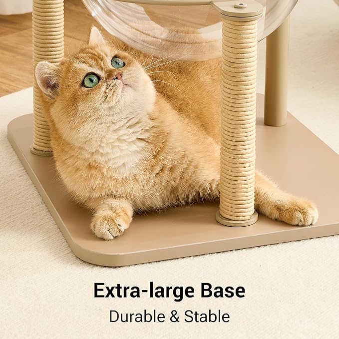 Modern Cat Tree Tower for Indoor Cats up to 12lbs, 34" H Furniture-Style Metal Cat Tower with Scratching Posts, Wood Cat Bed with Soft Plush Cushion Washable, Acrylic Capsule, Cream Beige