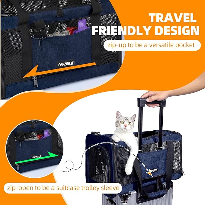 Cat Carrier Soft-Sided Travel Bag for Medium to Large Cats Over 15lbs, Small Dog Carrier Crate Top Entry Breathable Mesh Puppy 12 Pounds, Pet Rabbit Carrying Cage Kennel Collapsible Navy