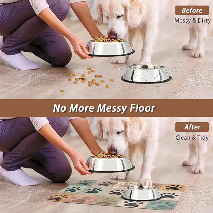 Cute Cat Paw Print Dog Food Mat for Floors,Vintage Absorbent Pet Food and Water Bowl Mats,Non-Slip Pet Feeding Mat,Pet Supplies 16" x 24"