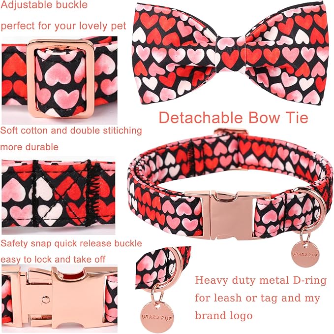 Valentine’s Day Dog Collar with Bow Tie, Red Heart Bowtie Collar with Metal Buckle, Valentine’s Day Gift Adjustable Pet Collar for Puppy Girl Boy Dog or Cat, S, Neck 10-16in