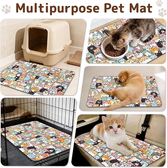 Dog Food Mat for Bowls, Absorbent Quick Dry Dog Cat Mats for Food and Water, Non-Slip Backing Pet Mat Pet Supplies - Cat Pattern