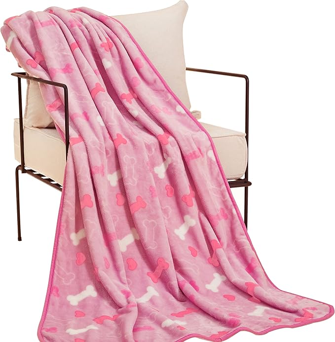 Allisandro Luxurious Dog Blanket, 350 GSM Super Fuzzy Microplush Fleece Pet Blankets for Small Medium Large Dogs and Cats, Pink Bone, 80 × 64 Inches