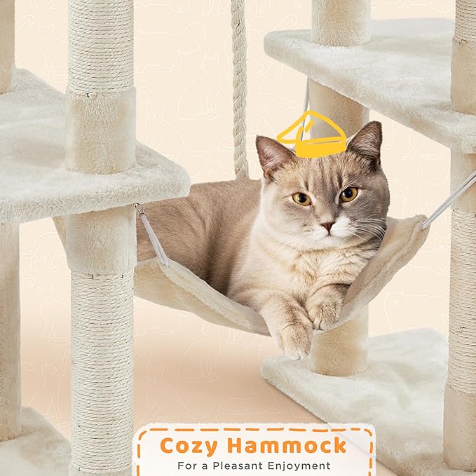Yaheetech Cat Tree, 82.5in Large Tower w/Hammock, 2 Kitty-Ear Perches, 2 Cozy Condos, Scratching Posts, Basket, Furniture for Large Cats, Kittens, Beige