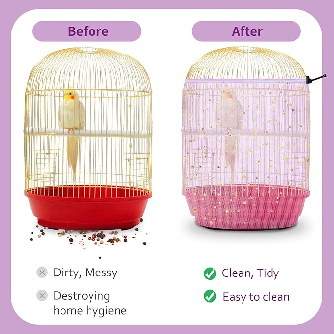 Bird Cage Cover, 45-90'' Adjustable, Universal Nylon Mesh Net, Bird Cage Skirt Guard, Purple