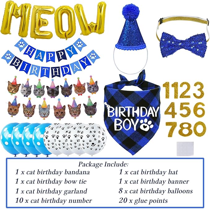 STMK Cat Birthday Party Supplies, Cat Birthday Hat with Numbers Bandana Bow Tie Collar Banner Garland MEOW Letter Balloons for Cats Kittens Outfits Decorations