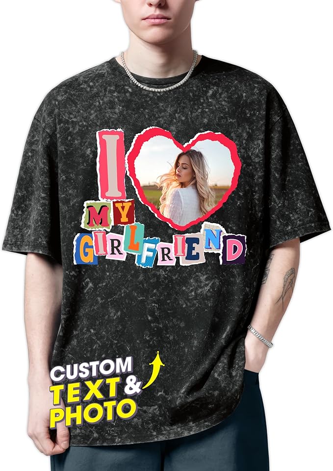 H-DEWALL Custom T Shirts Mineral Wash Tshirt Bootleg Rap Tee Customized Gifts for Boyfriend Birthday Shirts Tops for Women