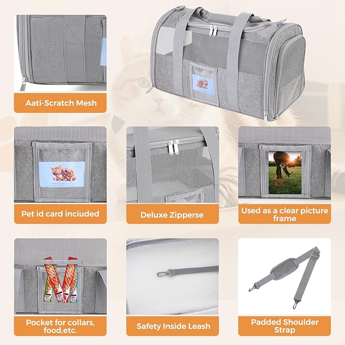 Soft Cat Carrier for Pets Up to 15 lbs, TSA Approved for Airline in-Cabin, Cat Travel Bag with Detachable Cat Food Bowl, Pet Carriers for Small Dogs, Waterproof Travel Puppy Carry, Gray