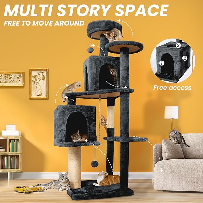 56-Inch Cat Tree for Large Cats, Multi-Level Cat Tower with 2 Condos, Sisal Scratching Posts & Hanging Toys, Sturdy Cat Furniture for Indoor Cats, Space-Saving Design Easy Assembly, Smoke Grey