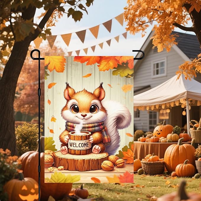 Fall Everyday Garden Flag 12x18 Inch Cute Red Squirrel with Hot Cocoa and Welcome Sign, Yard Flag Double Sided for Outdoor Fall Porch