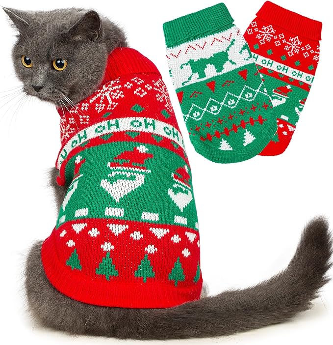 Stretchy Cat Christmas Sweater - 2 Packs Christmas Sweaters for Cats | Snug Winter-Ready Knit for Boy/Girl Cats & Kittens(Scarlet, X-Small)