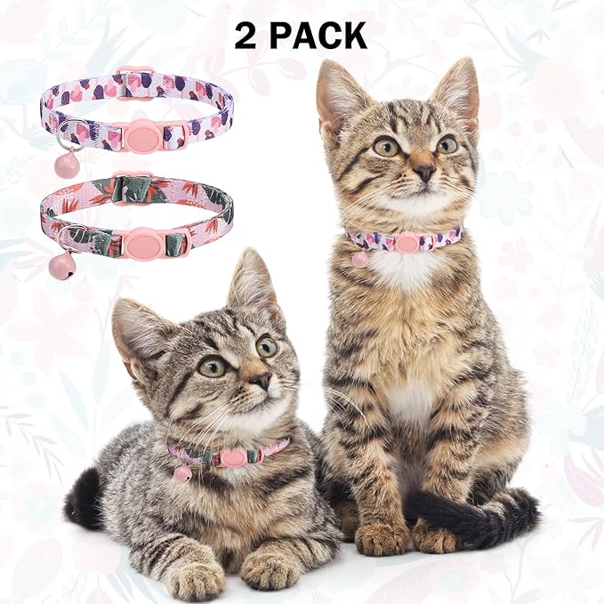 Breakaway Cat Collars for Girl Boy Cats, Spring Summer All Weather Cat Collar Personalized Pattern 2 Pack,Cute Classic Safety Buckles and Bells,Adjustable Printed Nylon Colorful Kitten Collar