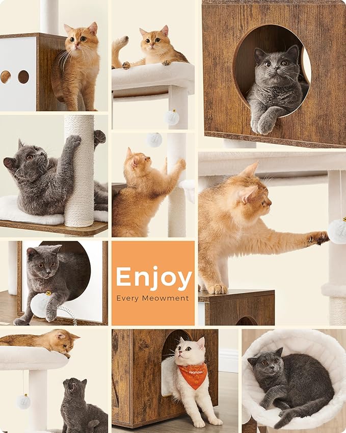 Feandrea Cat Tree with Litter Box Enclosure, 70.1-Inch Tall Cat Tower, 2-in-1 Modern Condo with Scratching Posts, Perch, Caves, Basket, Washable Cushion, Rustic Brown UPCT116X01