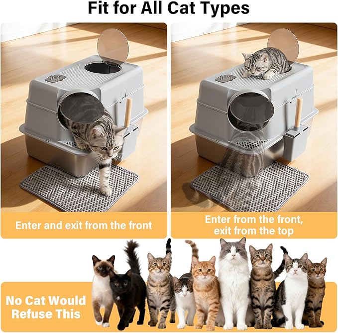 Stainless Steel Litter Box with Lid,XL Large Enclosed Cat Litter Box for Big Cats,Front & Top Entry Metal Litterbox, Odor Control,Anti-Leakage, Non-Sticky, Includes Mat&Scoop,23.8 x 15.8 x 15.8 inches