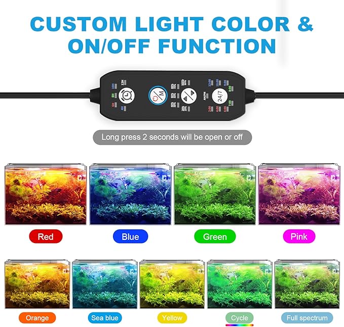 SEAOURA 24/7 Mode Led Aquarium Light for Plants Growth-Full Spectrum Fish Tank Light with Timer, Auto On/Off, 7 Colors, Adjustable Brightness, for 12 to 18 Inch Freshwater Tank