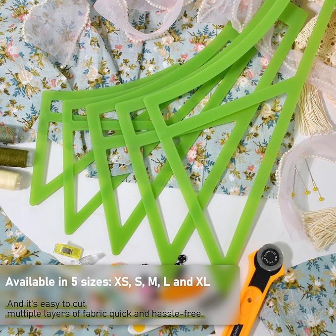 5Pcs Plastic Reversible Tie On Curved Dog Bandana Cutting Templates Set for Snap On Dog/Cat/Pet Neck Clothing, DIY Craft Ruler for Sewing Quilting Scarf for Small/Medium/Large Pets, Green