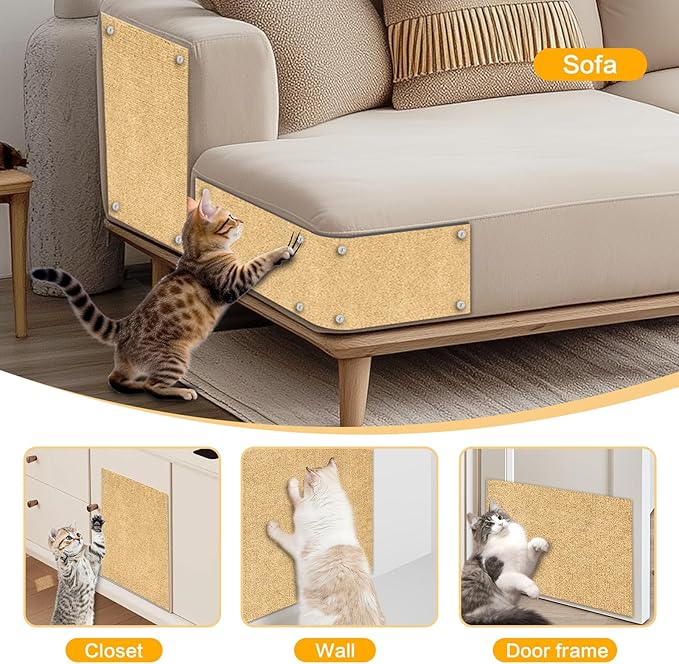 Cat Scratch Mat,118.5"x17.4" Trimmable Self-Adhesive Cat Scratch Furniture Protector, Sticky Cats Scratcher Wall Mat, Covering Cat’s Tower, Couch Protector from Cats Claws (Beige)