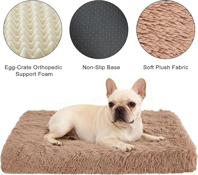 Fluffy Orthopedic Dog Beds for Puppy/Cats with Washable Removable Cover Dog Crate Bed Egg Crate Foam Support Plush Pet Pad Mat with Anti-Slip Bottom (24 * 16,Khaki)