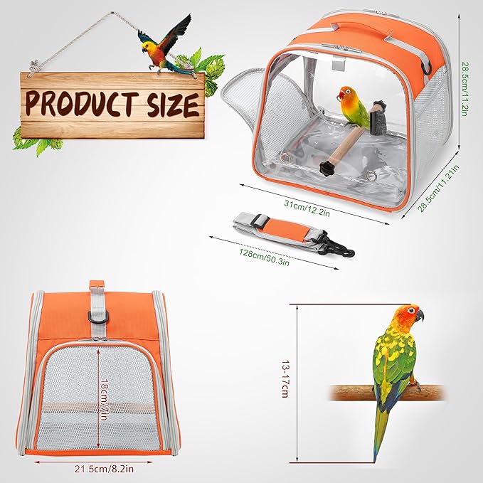 Suertree Small Bird Carrier, Large Window Travel Cage with Stand and Easy Clean Tray for Parrot Parakeet Cockatiels, Lightweight and Portable, Orange H