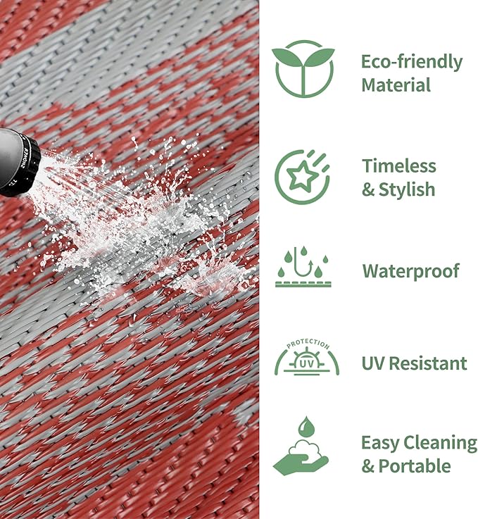 GENIMO Outdoor Rug for Patio Clearance, 6'x9' Waterproof Camping Mat, Reversible Plastic Straw Rugs for RV, Camper, Balcony, Backyard, Picnic, Deck (Red Grey)