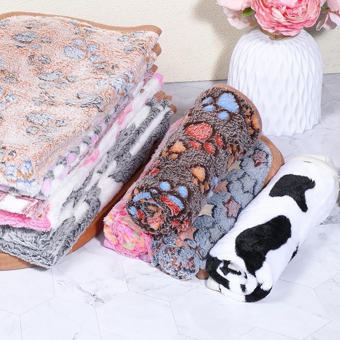 12 Pcs Dog Blanket Pet Paw Print Fleece Blanket Cat Soft Warm Sleep Mat Guinea Pig Cage Liners Small Medium Whelping Pet Essentials for Pet Grooming Shop Girl Boy Puppy