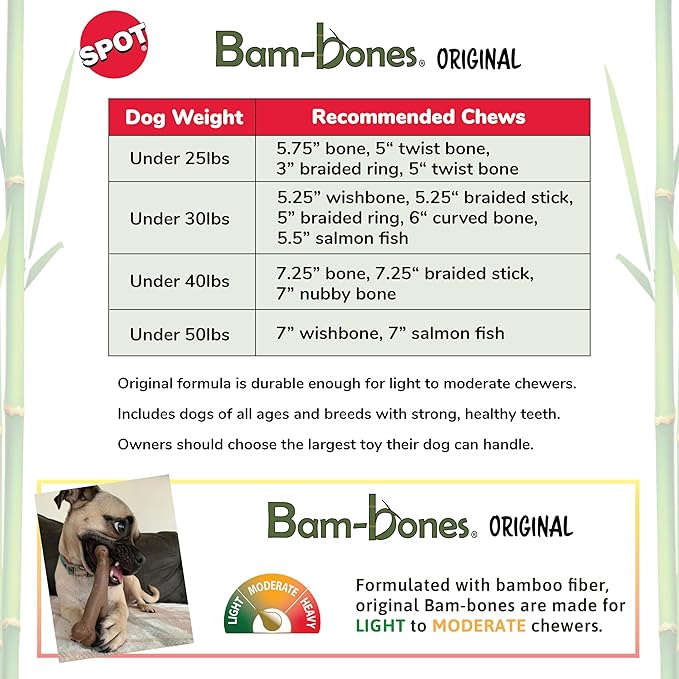 SPOT Bam-Bones Fish - Made with Strong Bamboo Fiber, Durable Long Lasting Dog Bone for Light to Moderate Chewers, Great Chew Toy for Adult Dogs & Teething Puppies Under 30lbs, 5.5in, Salmon Flavor
