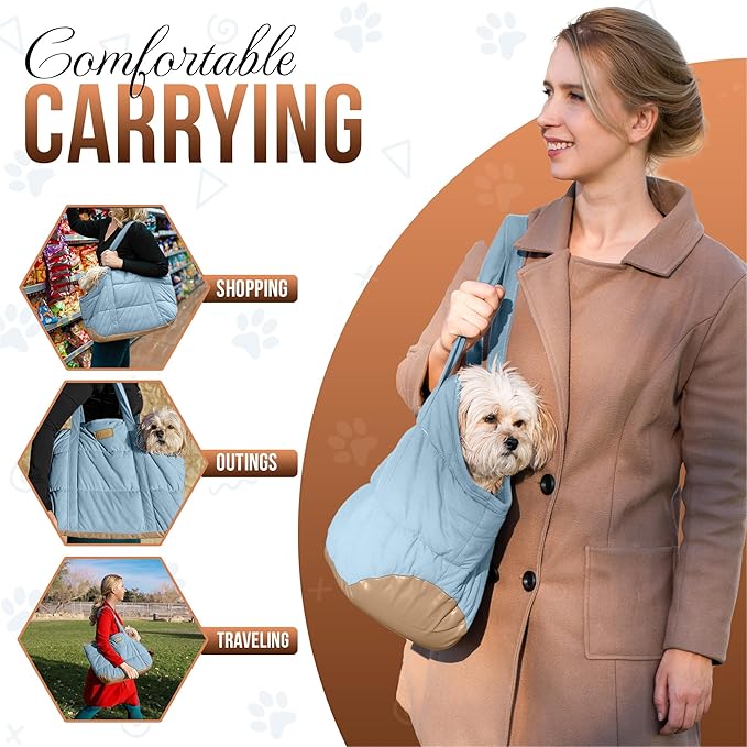 Plush Dog Purse Carrier for Small Dogs, Soft Dog Tote Bag with Safety Harness Clip, Cozy Pet Carrier for Dogs Under 15 lbs, Comfortable Dog Shoulder Carrier for Travel, Light Blue