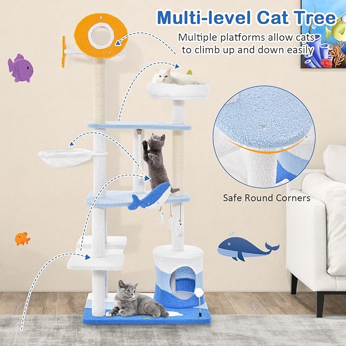 Tangkula Ocean-Themed Cat Tree, 3-Level Cat Tower with Sisal Scratching Posts, Condo, Perch, Hammock, Dangling Toys, Spring Ball, Sisal Rope, Cute Cat Activity Center for Indoor Cats (66 Inch)