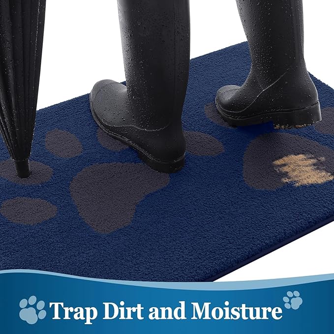 Buganda Dog Door Mat for Muddy Paws, Absorbent Dirt Trapper Washable Indoor Doormats, Non Slip Low-Profile Mud Mat for Dogs, Front Entrance Doormat for Inside Floor (48x30 Inches, Navy)