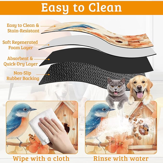 Dog Bowl Mat,Blue Bird Pet Feeding Mat for Floors Waterproof,Fall Leaves Absorbent Dogs Placemat for Food and Water Quick Dry Pet Cat Feeding Mats with Non Slip Bottom 16" x 24"