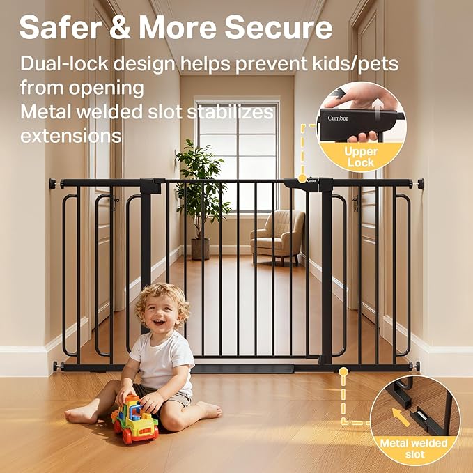 Cumbor 36.6-59" Extra Wide Baby Gate for Stairs, Pressure Mounted Dog Gate for Doorways, Auto-Close Easy Walk Through Safety Child Gate for Kids Toddler, Tall Pet Gates Indoor, Black