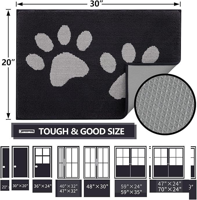 Buganda Dog Door Mat for Muddy Paws, Absorbent Dirt Trapper Washable Indoor Doormats, Non Slip Low-Profile Mud Mat for Dogs, Front Entrance Doormat for Inside Floor (40x32 Inches, Black and Grey)