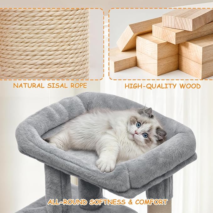 36-Inch Cat Tree Tower for Small and Medium Indoor Cats, Multi-Level Cat Furniture with Sisal Scratching Posts, Hammock, Condo & Scratching Board, Light Gray