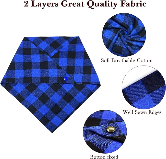 Birthday Plaid Dog Bandana with Button, Dual Layer Scarf Soft Cotton Triangle Bib Girls and Boys Kerchief Adjustable Accessories for Small Medium Large Extra Large Dog Puppy Pet Cat