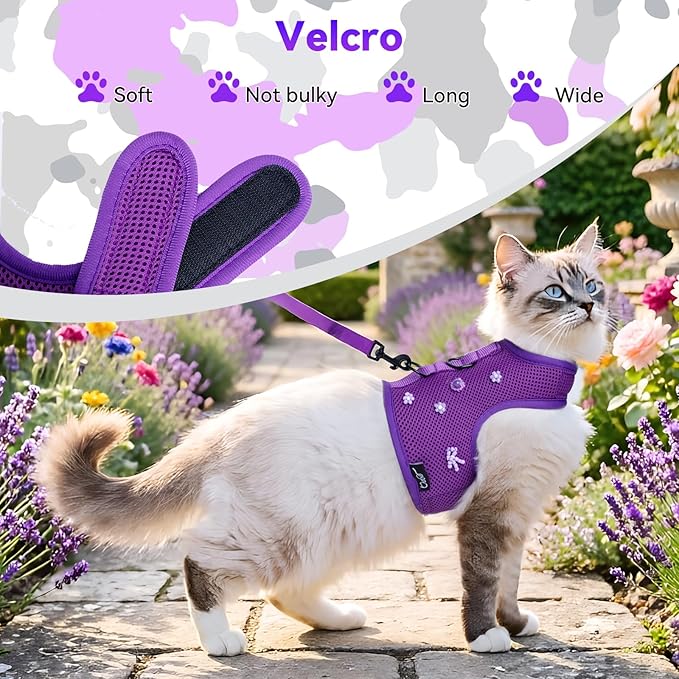 Cat Harness and Leash for Walking Escape Proof Breathable Mesh Fabric, Purple, Large, Adjustable Cat Walking Jackets with DIY Beads, Padded Stylish Cat Vest