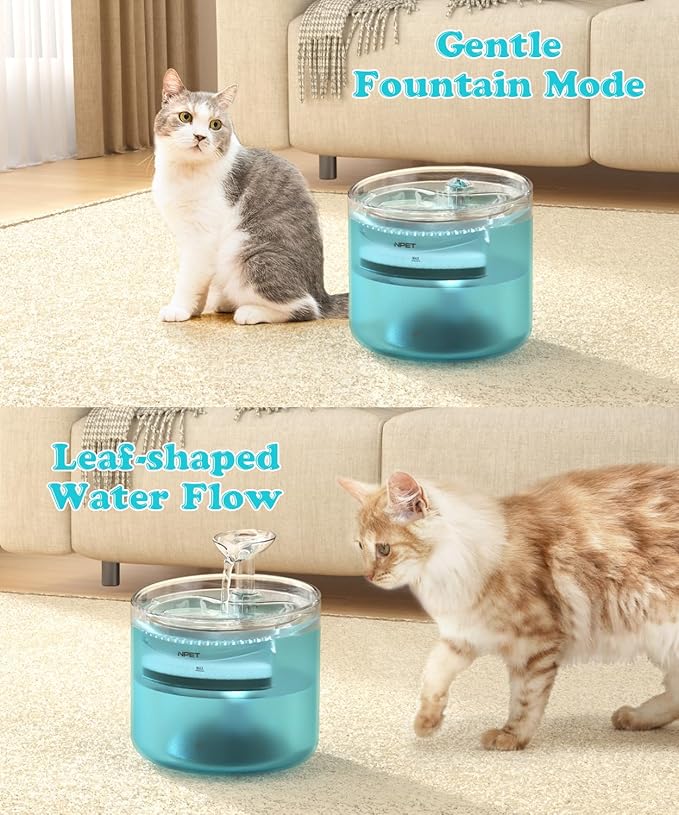 NPET WF100 Cat Foutain, 54oz/1.6L Automatic Pet Water Fountain Dog Water Dispenser with 2 Flow Modes, Bottom Suction LED Light Quiet Pump for for Cats & Small Dogs