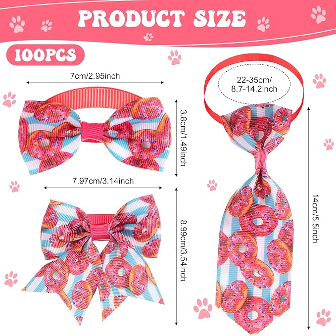 Reginary 100 Pieces Dog Bow Tie Collar Set Include 40 Dog Neckties, and 30 Puppy Bowties, 30 Collar Flowers, Adjustable Pet Ties Grooming for Small Medium Cats Pets Supply(Donut)