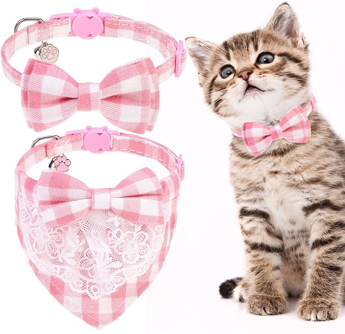 EXPAWLORER Cute Cat Collar Breakaway with Bells - 2 Pack Adjustable Plaid Pet Collar with Removable Bow Tie and Bandana, Safety Buckle for Girl Boy Cats Kitten, Pink Plaid