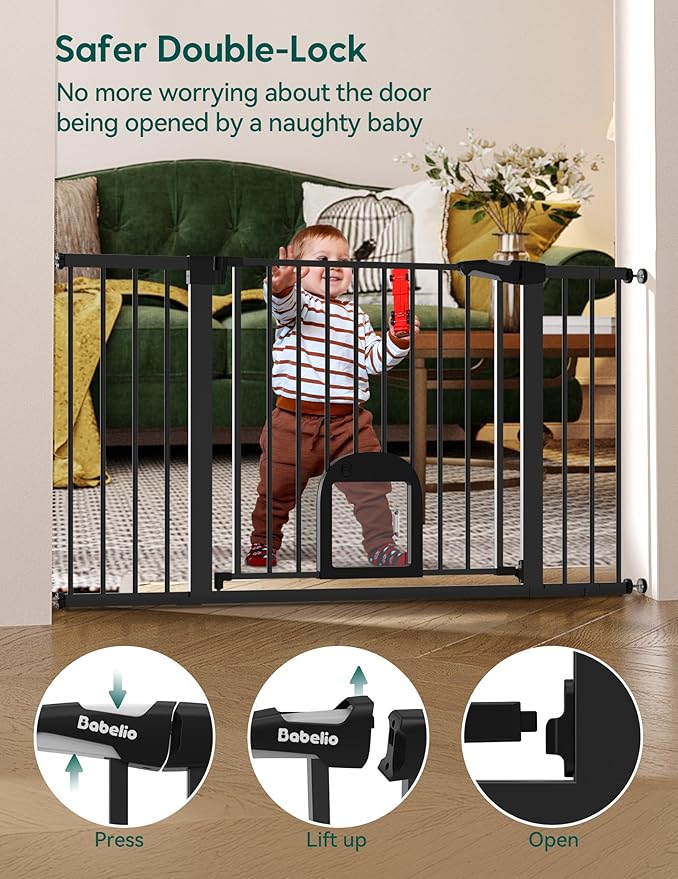 Babelio 36.5-57" Extra Wide Baby Gate with Cat Door, CatPrivilege Ⅲ, Auto Close & Two Way Swing, Pressure Mounted Dog Gates for Stairs, Doorways, Includes 4 Wall Cups and 3 Extension Pieces, Black