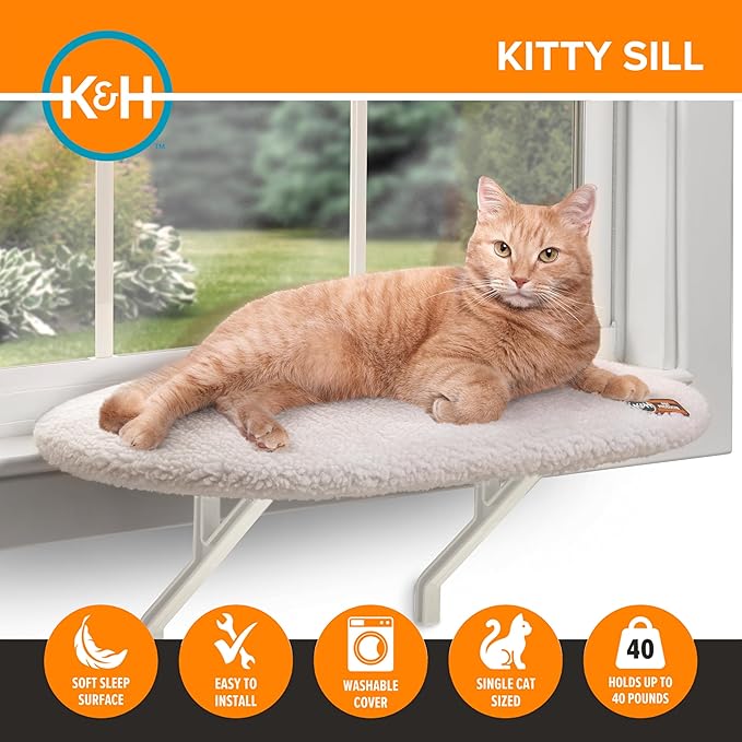K&H Pet Products Kitty Sill Cat Window Perch for Large Cats, Orthopedic Window Hammock Bed Holds 40LBS, Washable Cover, Kitty Windowsill Bed Seat for Indoors - Cream Fleece, Unheated, 14 X 24in