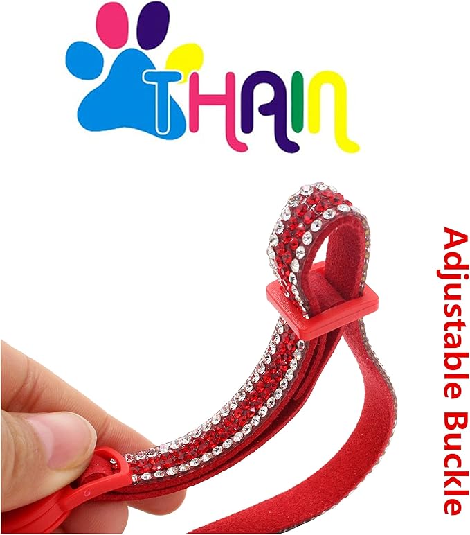 THAIN Basic Adjustable Cat Collar Bling Diamond Breakaway with Bell for Kitten Girl boy (Red)