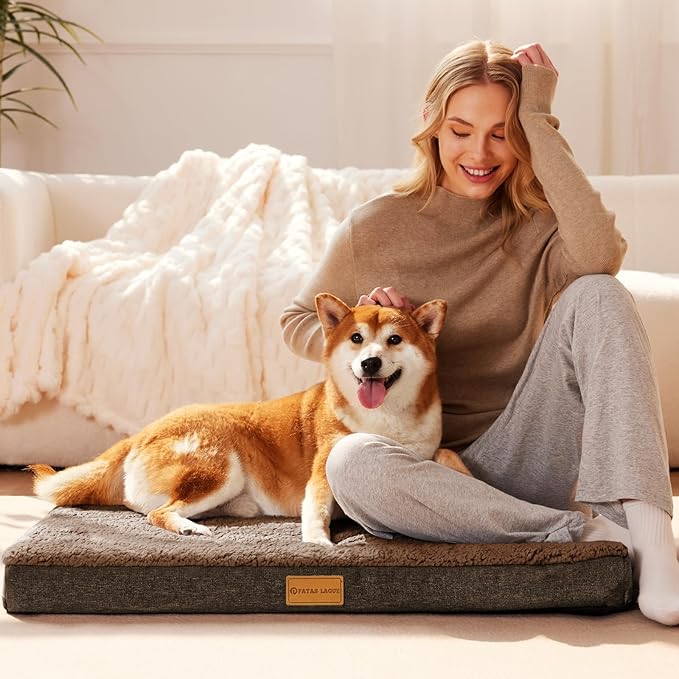 Patas Lague Orthopedic XL Dog Bed Large Sized Dog 42''X28'', Soft Waterproof Egg Crate Foam Large Pet Crate Beds Mat with Removable Washable Cover and Non-Slip Bottom, Brown