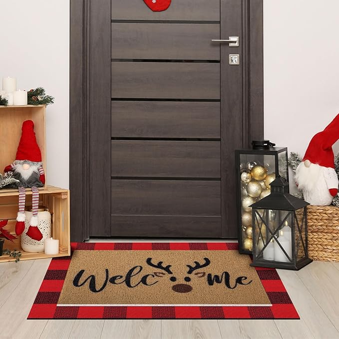Tinideya 2 Pcs Door Mat Welcome Non Slip Coir Mats Floor Layering Doormats Seasonal for Front Porch Entryway Decor(Brown Elk)