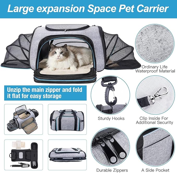 Siivton Airline Approved Pet Carrier, 4-Way Expandable Cat Dog Carrier for Under-Seat Travel, Soft-Sided Portable Pet Bag with Removable Fleece Pad, Fits Small Pets Up to 15 lbs (18"x 11"x 11")