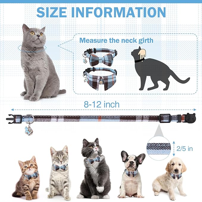 Cat Collar with Bells Breakaway, Bowtie Cat Collar for Boy Girl Cats with Removable Shirt Collar, Cute Plaid Kitten Collar with Bell & Pendant Adjustable, 2 Pack Blue Cat Necklace for Cat Pet