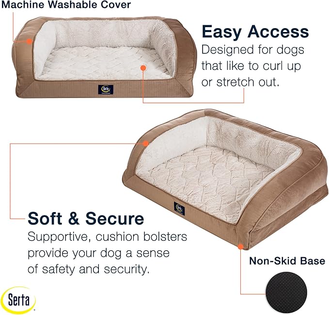 Serta Orthopedic Quilted Couch Dog Bed for Pets – Desert Sand (X-Large)